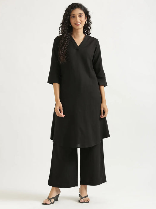 Women Black Flowy Linen A-Line Long Kurta