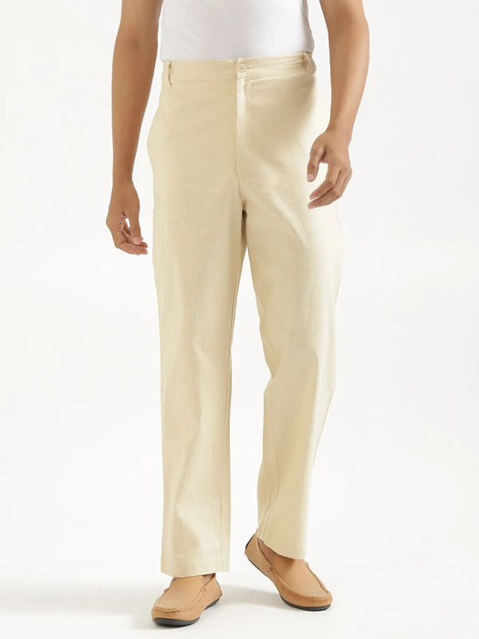 Men Forest Green Better Cotton Full Sleeve Shirt & Beige Linen Blend Straight Pant