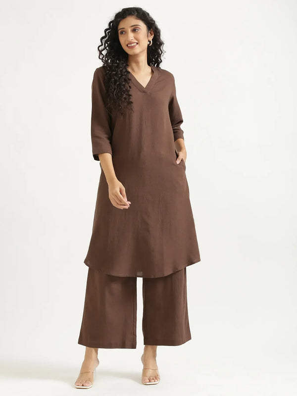 Women Dark Brown Flowy Linen Kurta Set