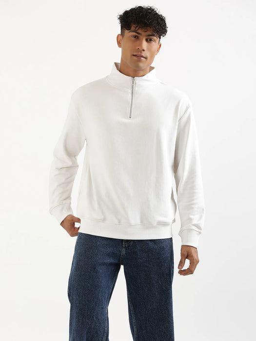 Unisex White Zip Neck Sweatshirt
