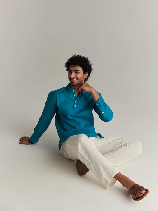 Men Teal Airy Linen Short Kurta