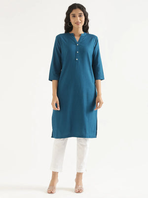 Women Turquoise Airy Linen Long Kurta