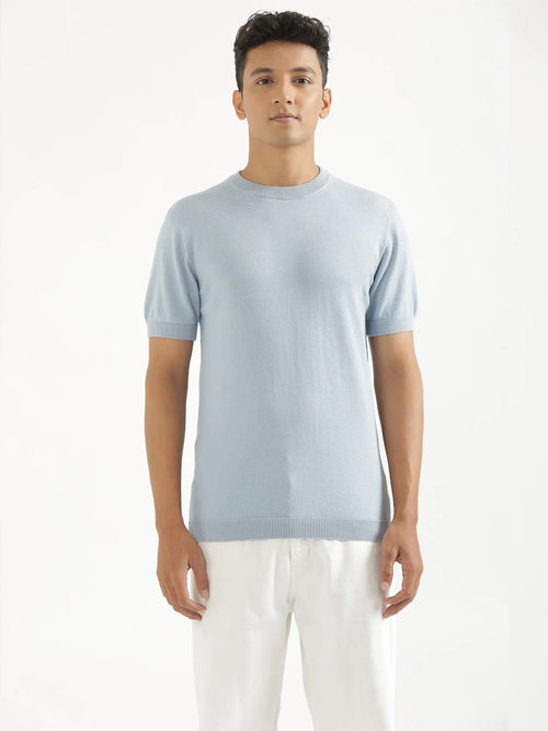 Men Light Blue Flat Knit Round Neck T-shirt