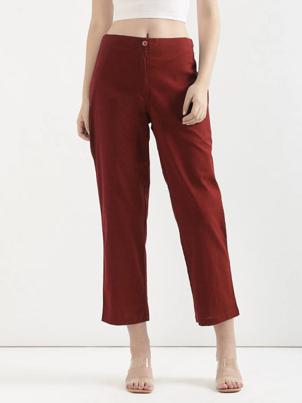 Women Maroon Airy Linen Straight Pants
