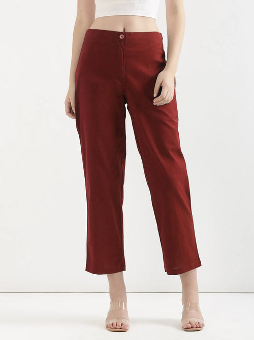 Women Maroon Airy Linen Straight Pants