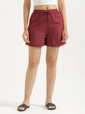 Women Maroon Flowy Linen Shorts