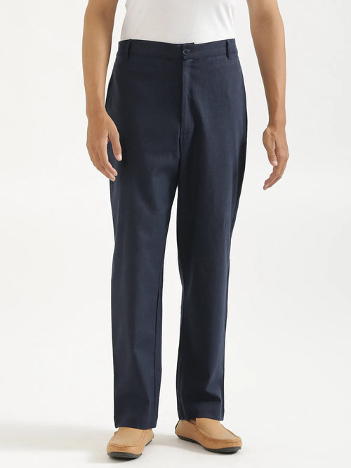 Men Navy Blue Linen Blend Straight Pant