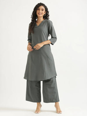 Women German Grey Flowy Linen Kurta Set