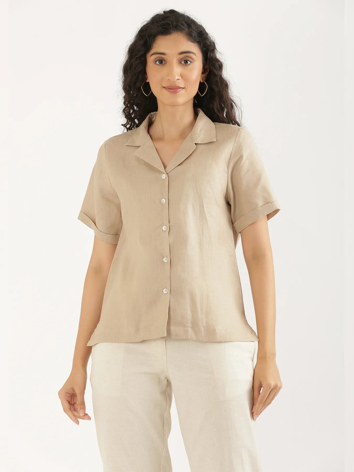 Women Taupe Pure Linen Notch Collar Shirt