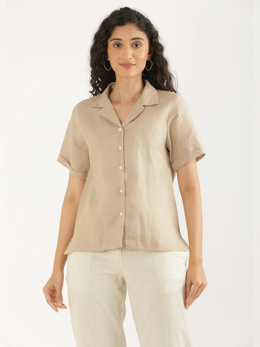 Women Taupe Pure Linen Notch Collar Shirt