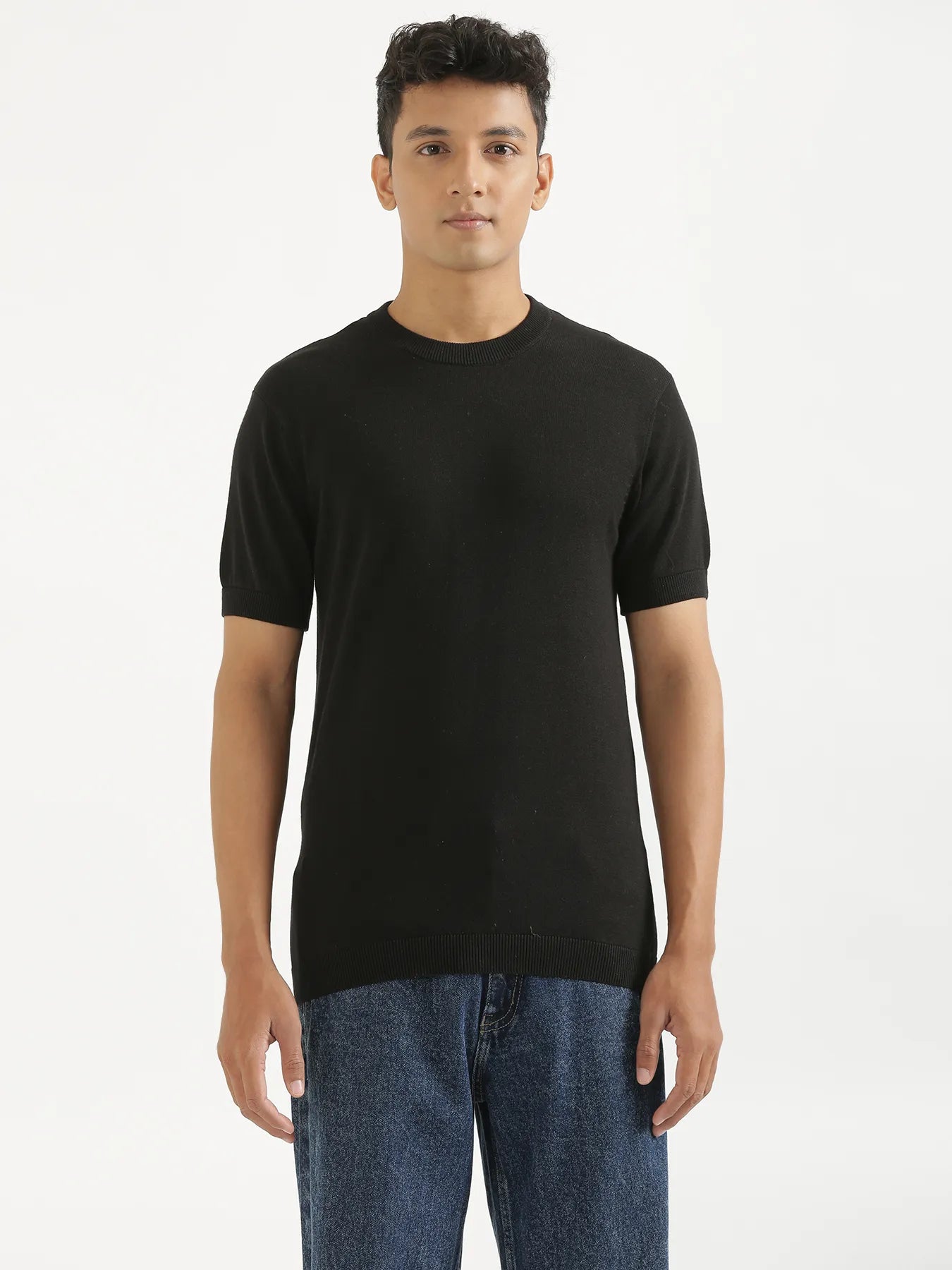 Men Black Flat Knit Round Neck T-shirt