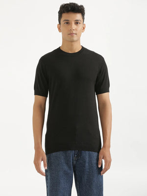 Men Black Flat Knit Round Neck T-shirt