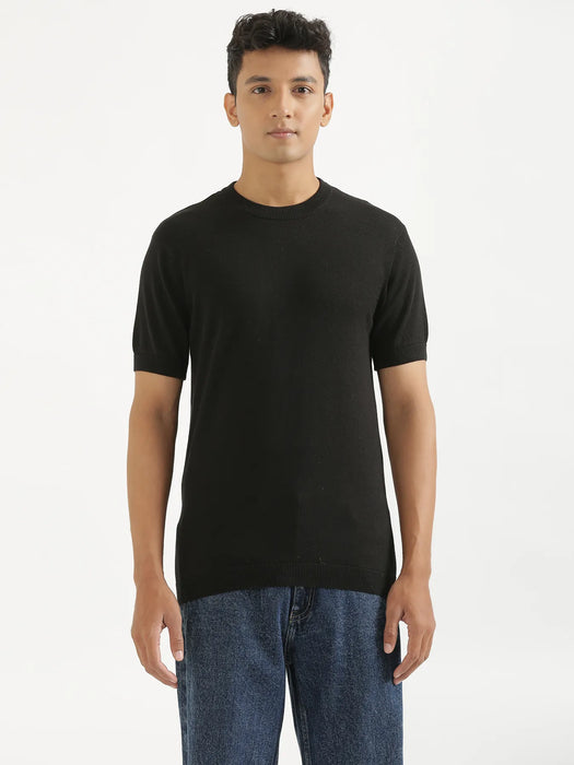 Men Black Flat Knit Round Neck T-shirt