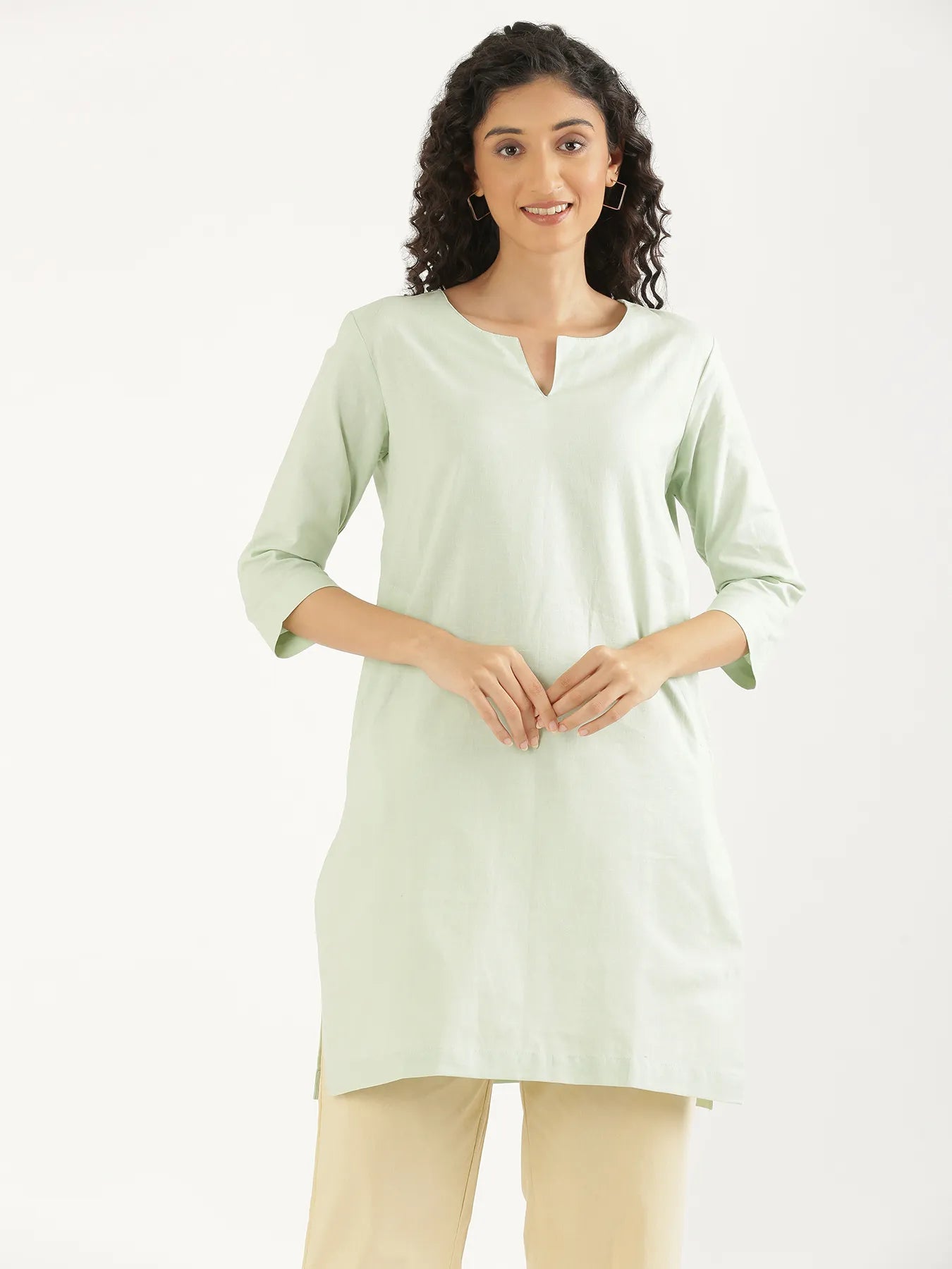 Women Mint Green Airy Linen Mid Thigh Length Kurta