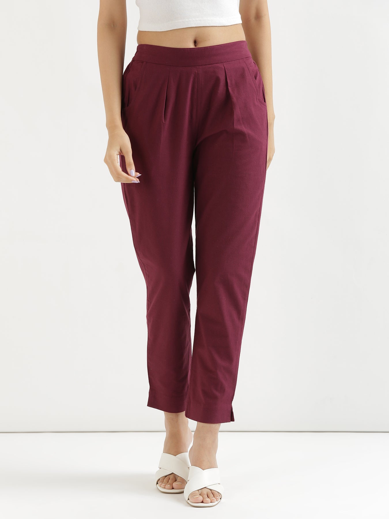 Ecru Short Kurta with Wine Cotton Pant