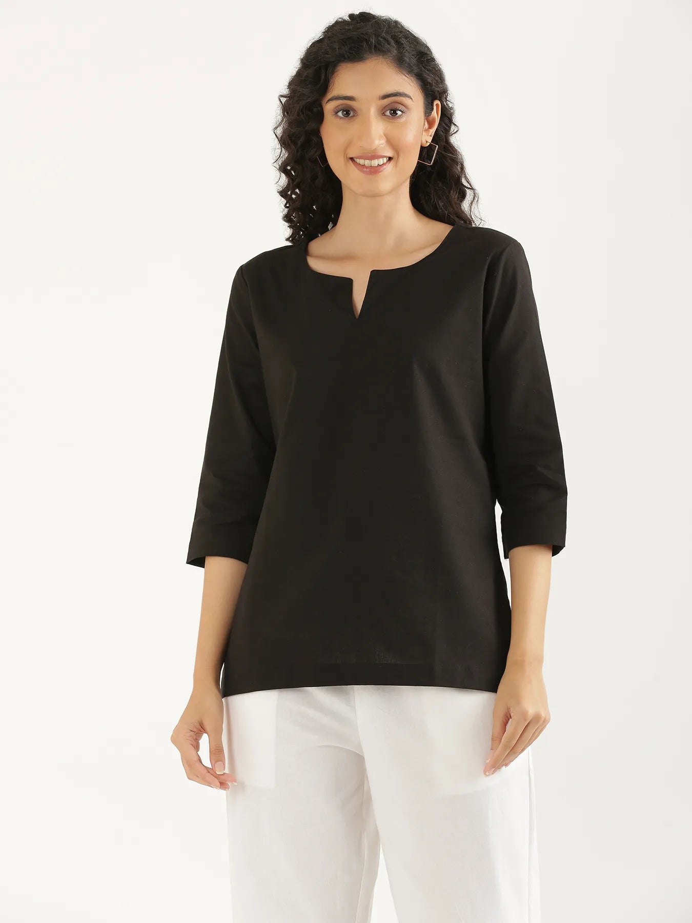 Women Black Airy Linen Split Neck Short Kurta