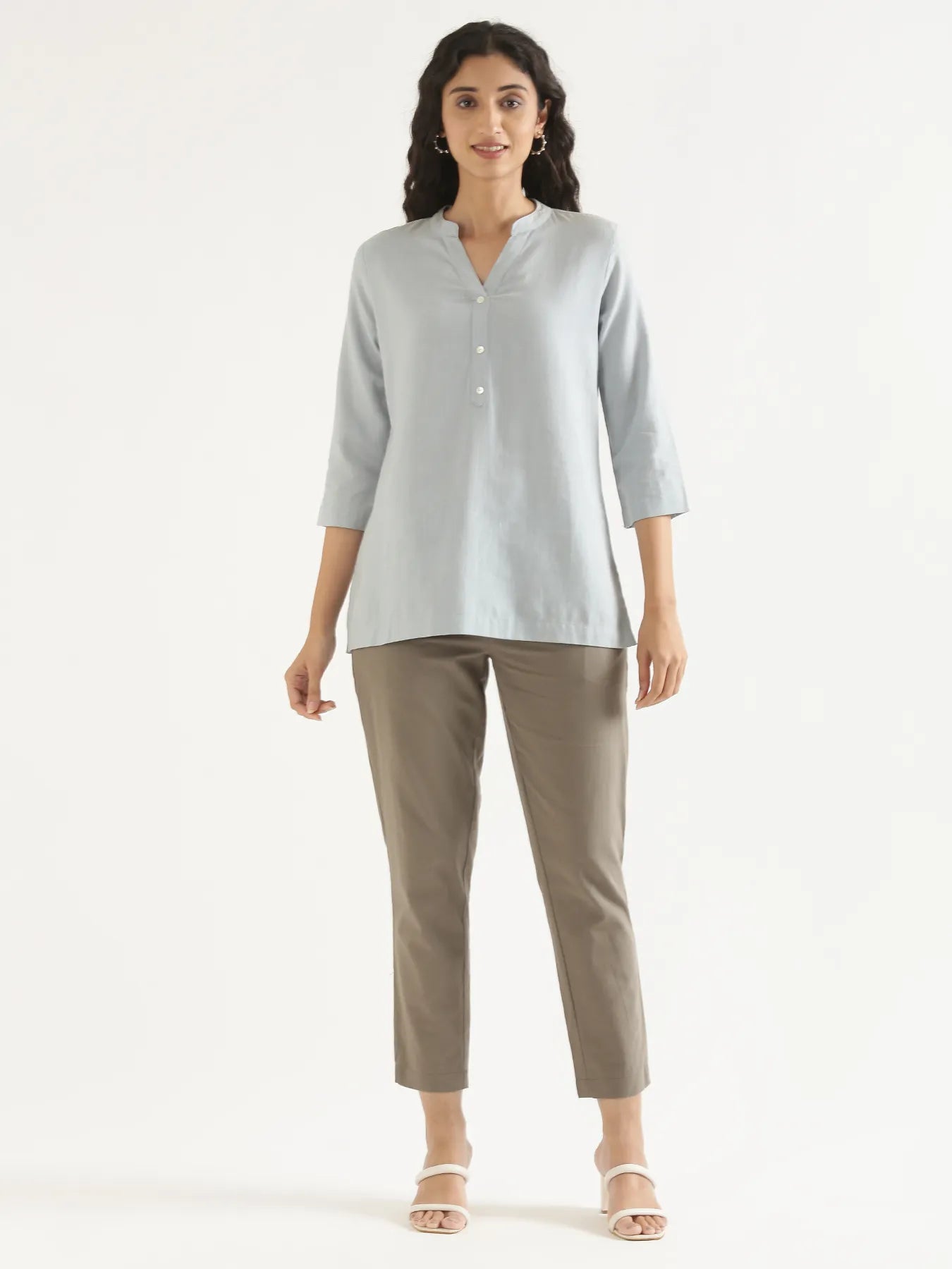 Women Sky Blue Airy Linen Short Kurta & Grey Cotton Pant Set