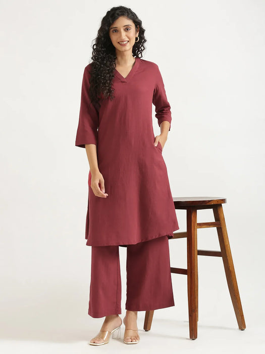 Women Maroon Flowy Linen A-Line Long Kurta