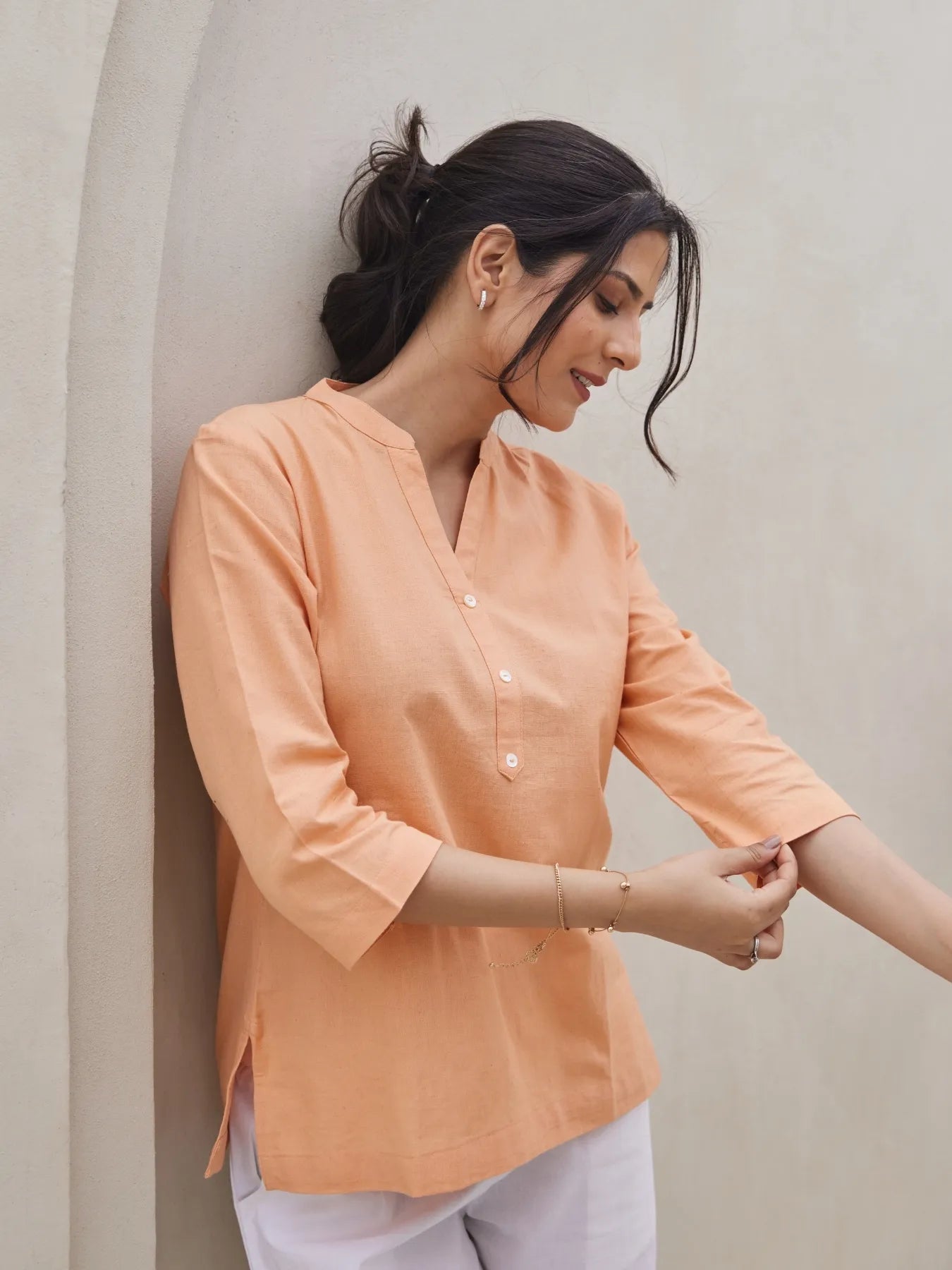 Women Peach Airy Linen Short Kurta