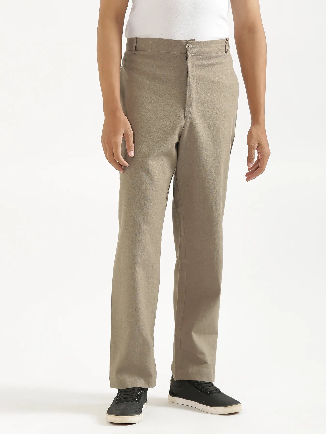 Men Khakhi Linen Blend Straight Pant