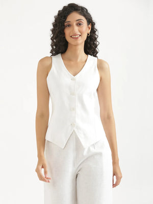 Women White Linen Blend Waist Coat