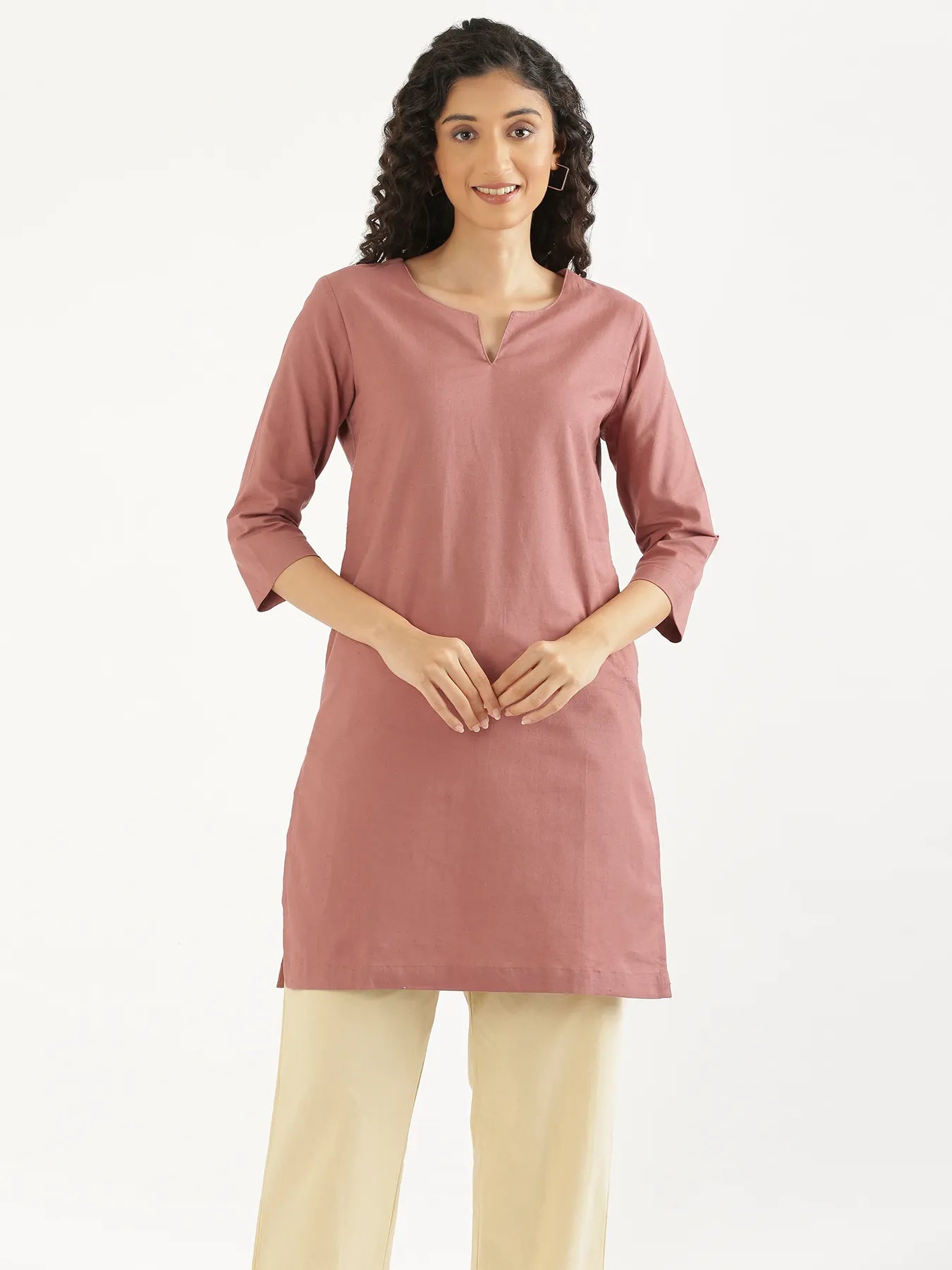 Women Rose Taupe Airy Linen Mid Thigh Length Kurta