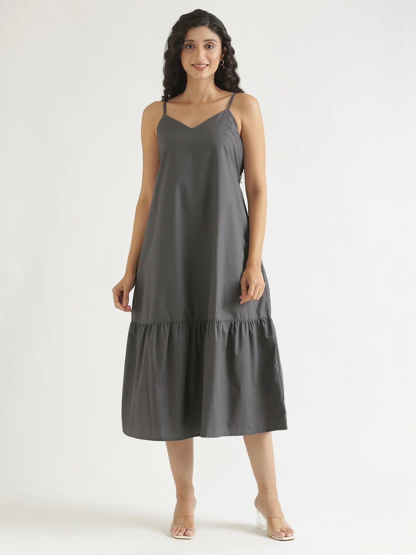 Women Dark Grey Better Cotton Tier Dress