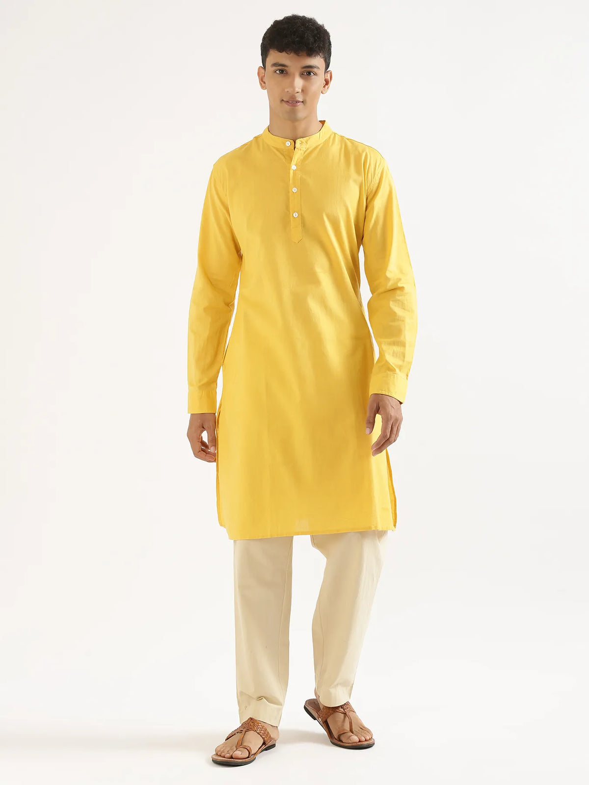 Pick Any 3 Men Airy Linen Long Kurta - Yellow