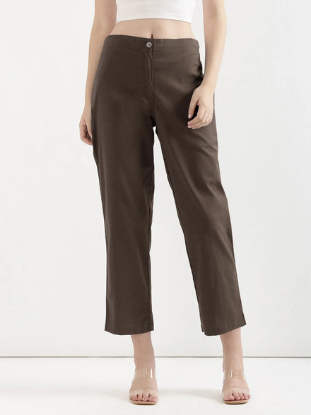 Women Dark Brown Airy Linen Straight Pants
