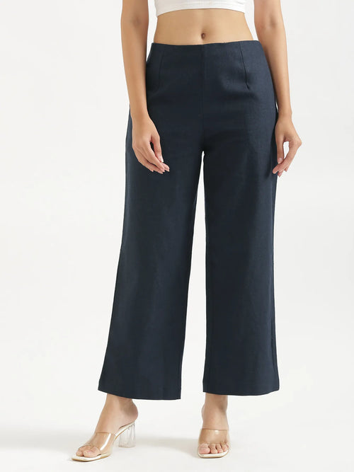 Women Navy Blue Linen Blend Wide Leg Pant
