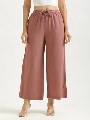 Women Rose Taupe Flowy Linen Wide Leg Pants