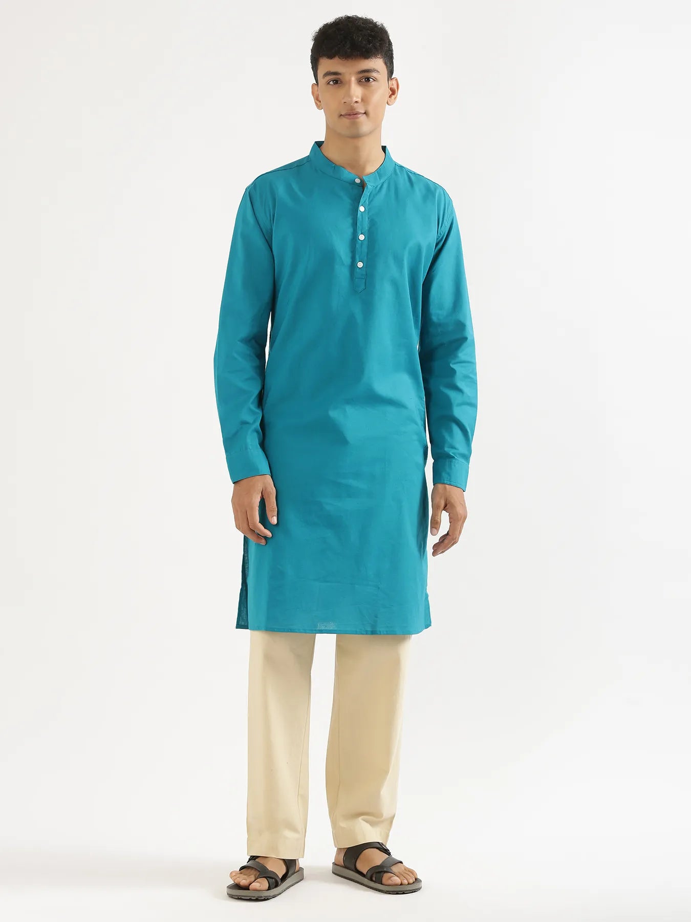 Men Teal Airy Linen Long Kurta