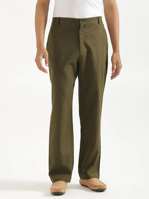 Men Olive Green Linen Blend Straight Pant