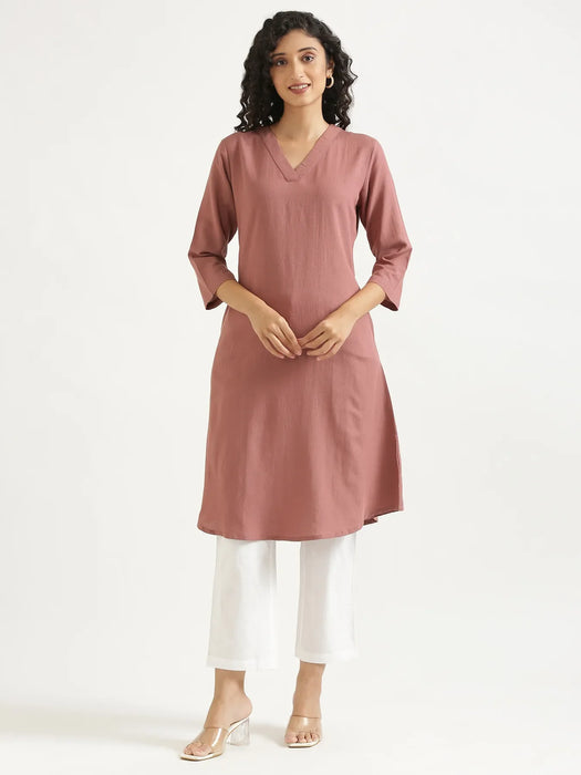 Women Rose Taupe Flowy Linen A-Line Long Kurta