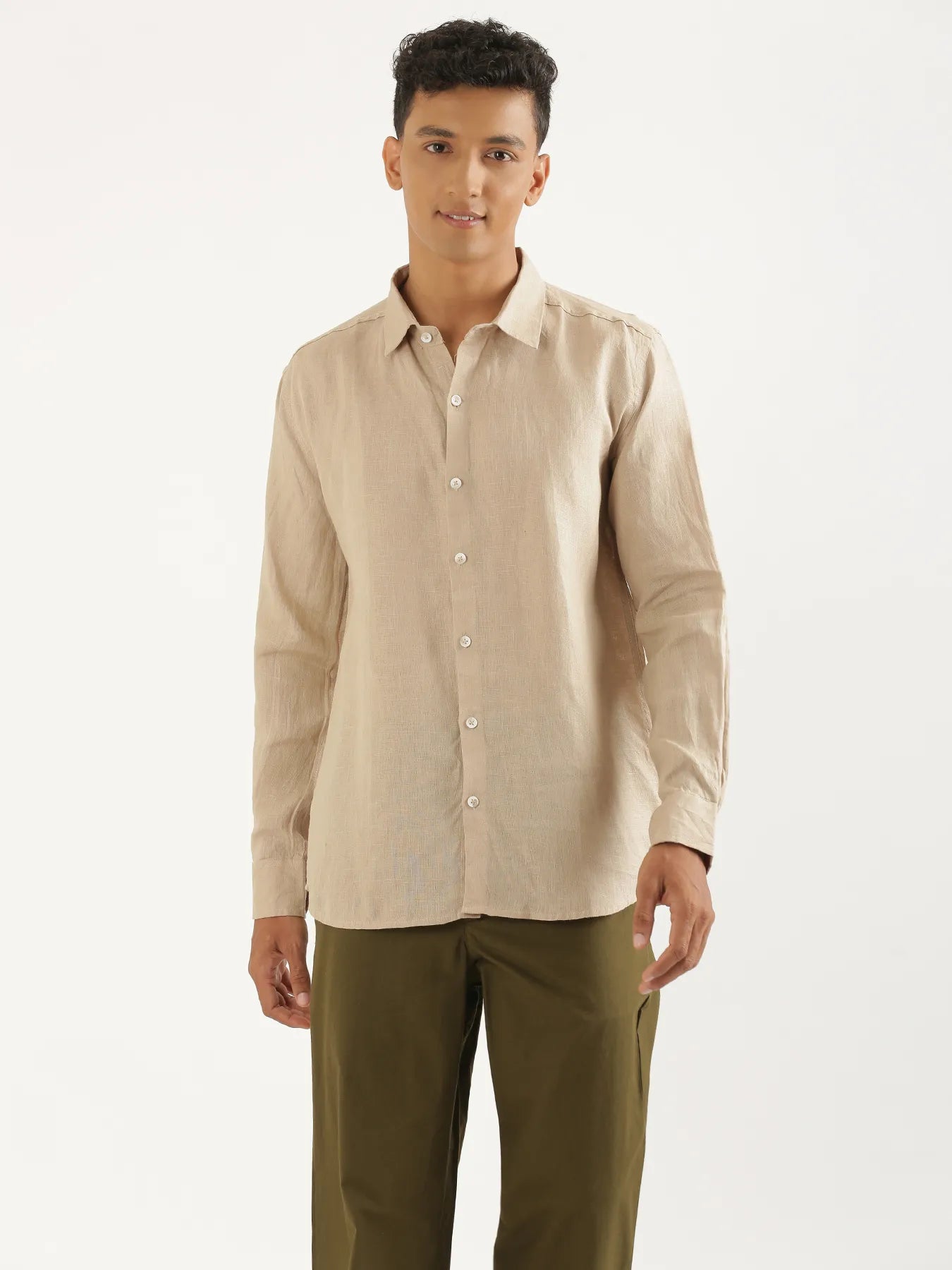 Men Taupe Pure Linen Full Sleeve Shirt