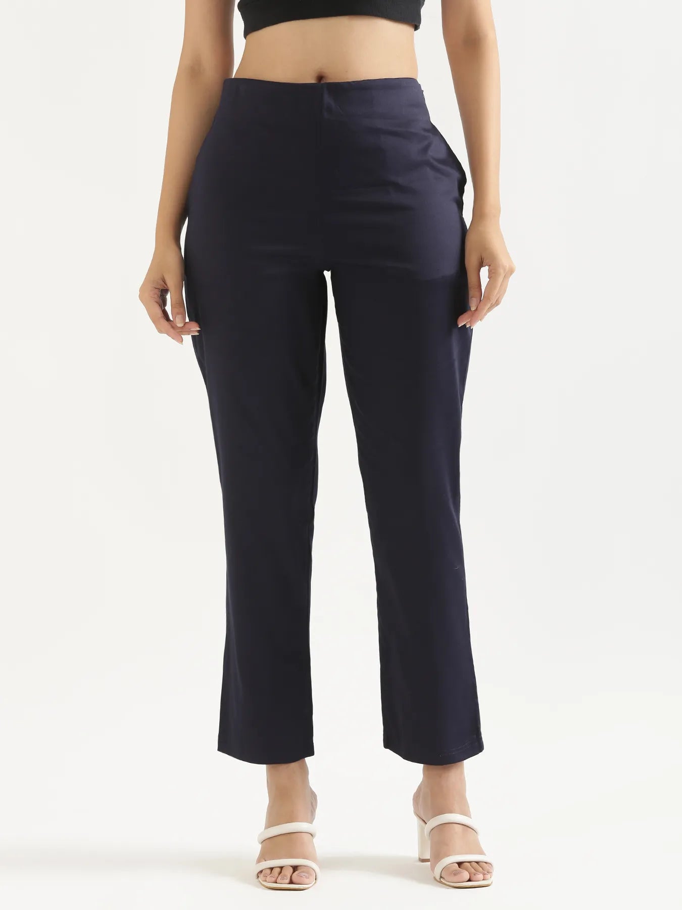 Women Navy Blue Straight Fit Formal Pants