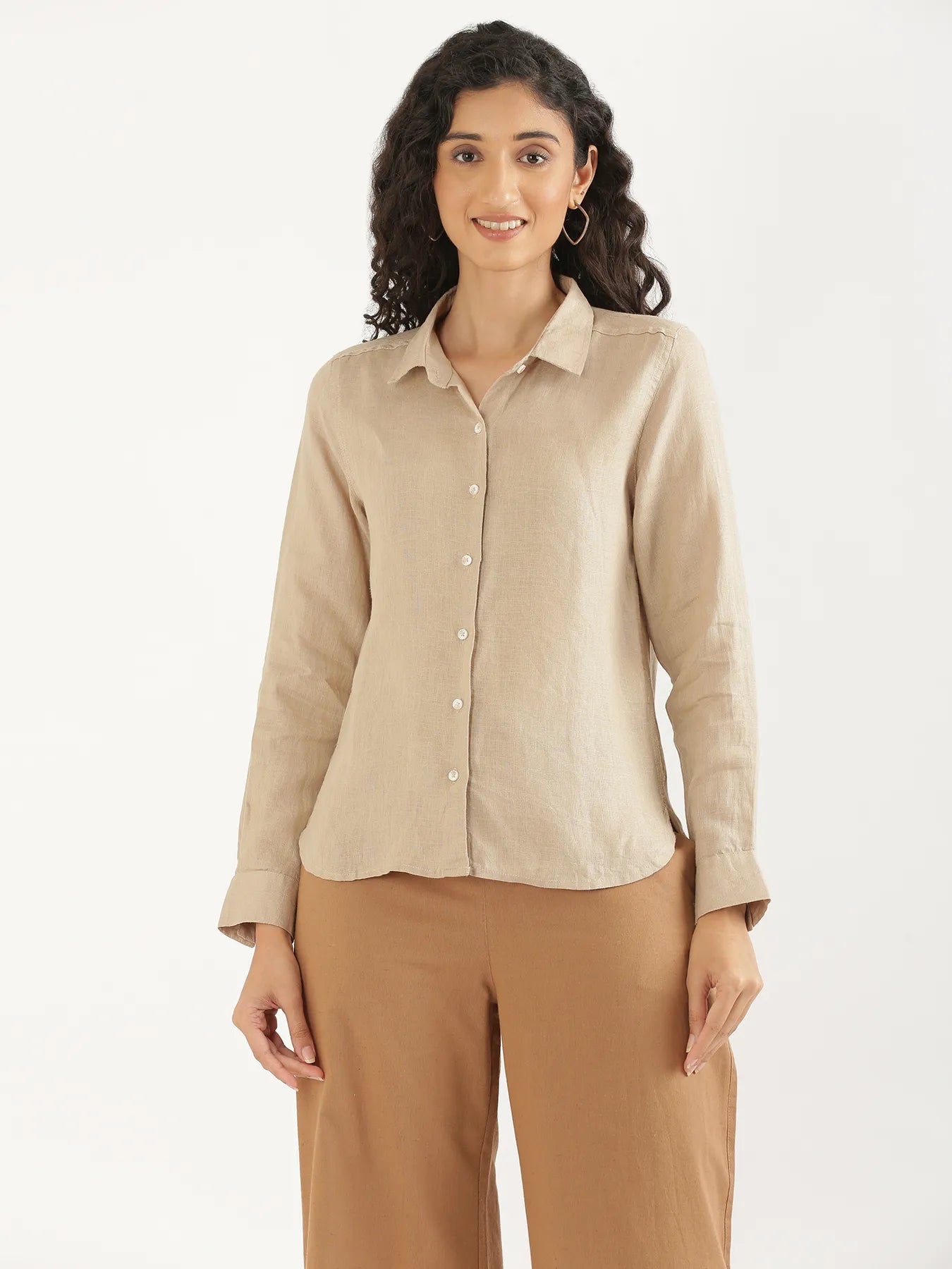 Women Taupe Pure Linen Shirt