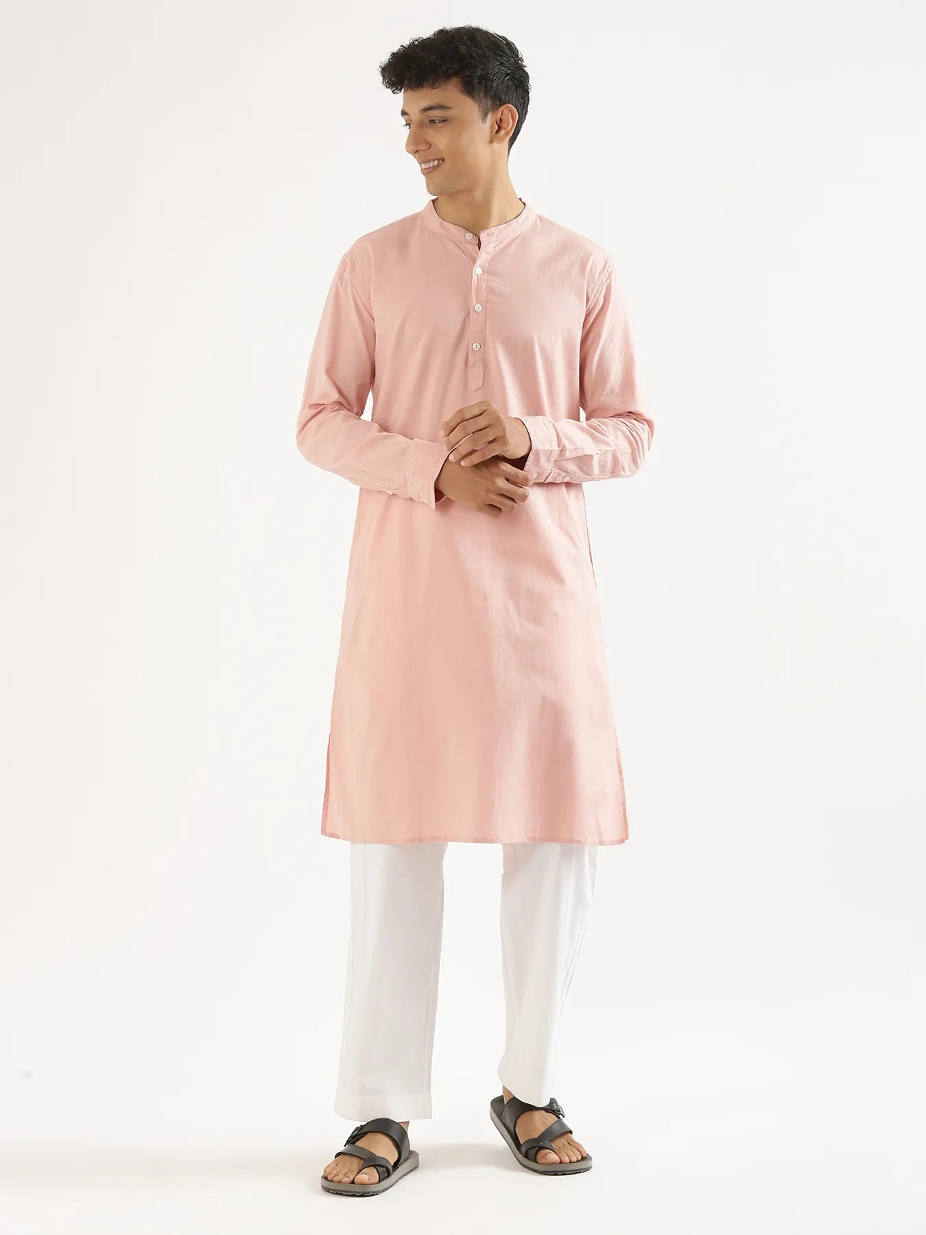Men Salmon Pink Airy Linen Long Kurta