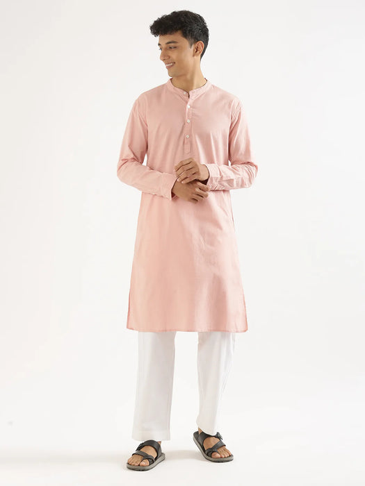 Men Salmon Pink Airy Linen Long Kurta