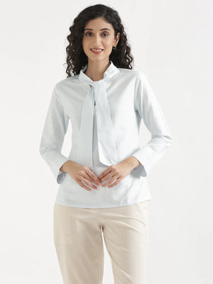 Women Powder Blue Linen Blend Knot Blouse