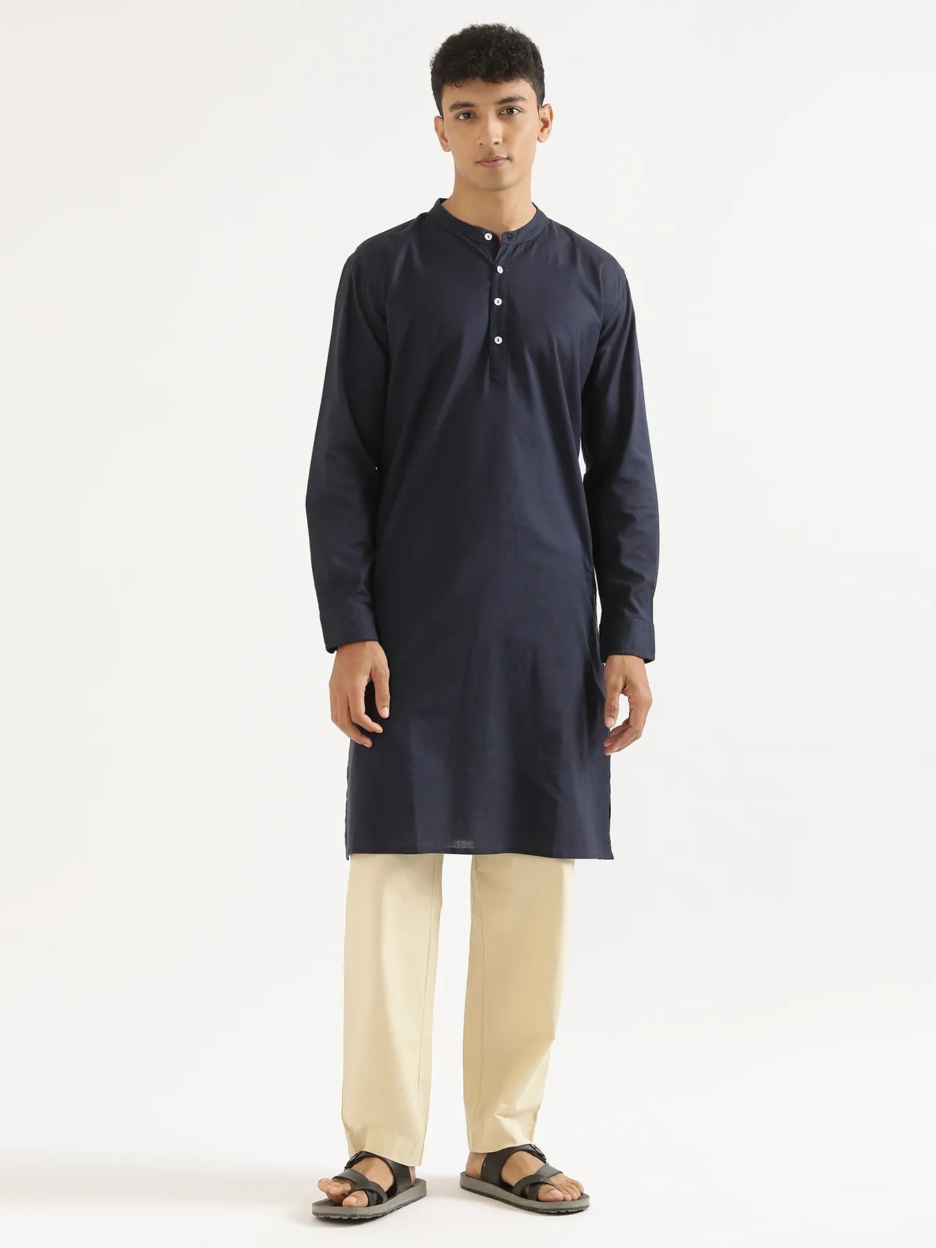 Men Navy Blue Airy Linen Long Kurta