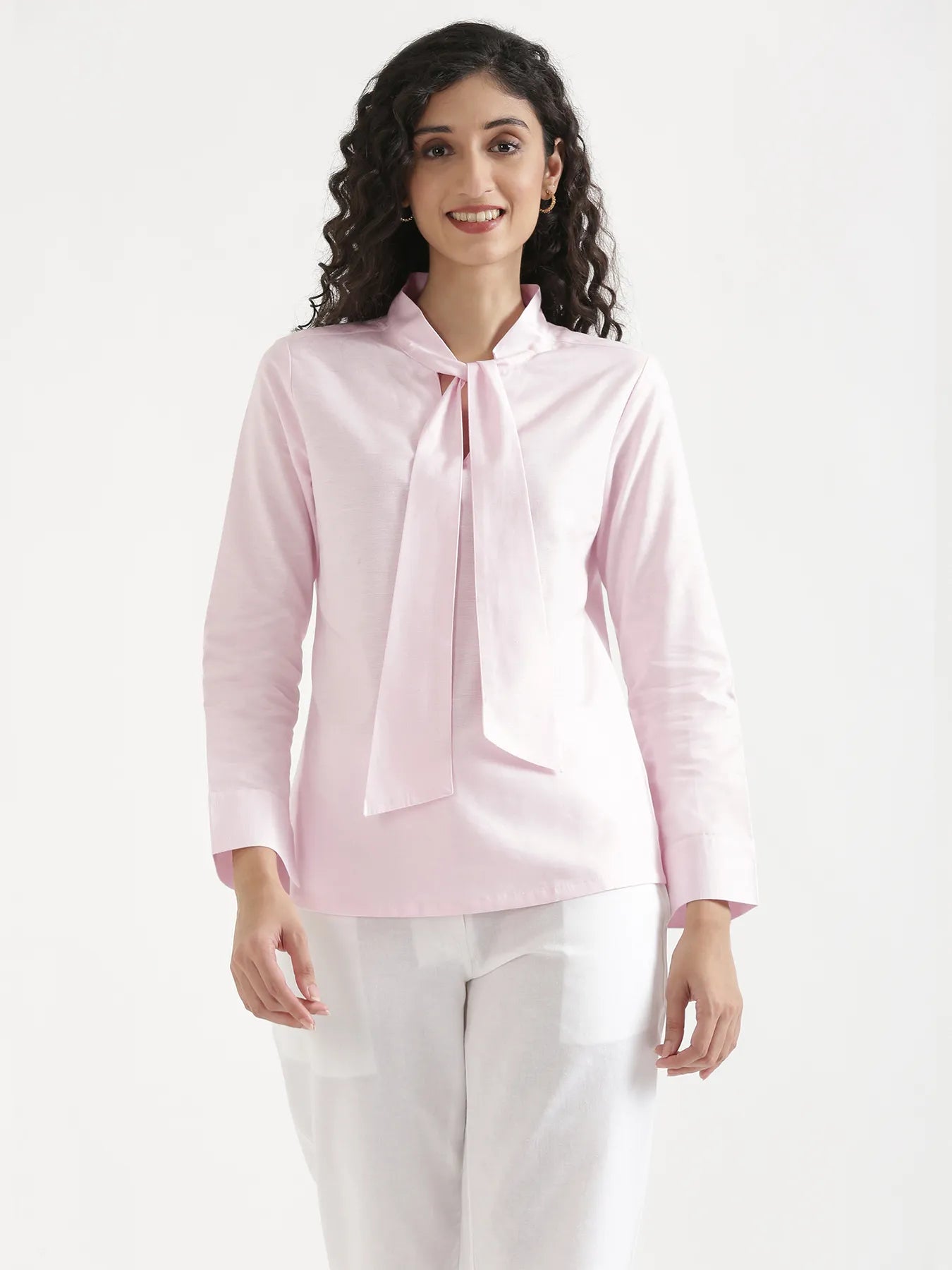 Women Blush Pink Linen Blend Knot Blouse & White Airy Linen Straight Pants Pant Set