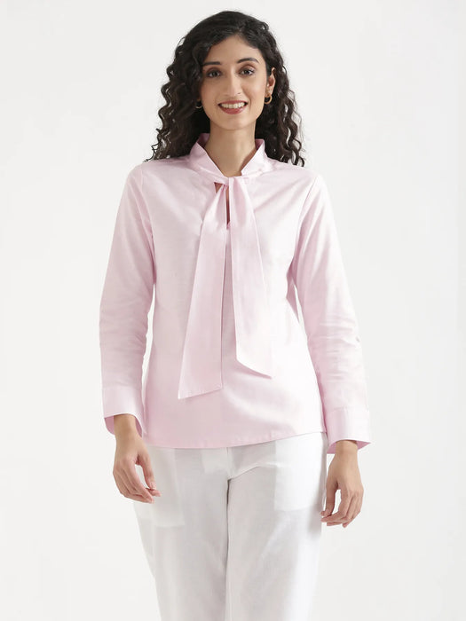 Women Blush Pink Linen Blend Knot Blouse & White Airy Linen Straight Pants Pant Set