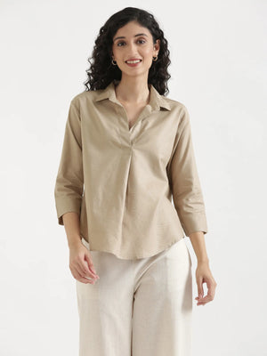 Women Taupe Linen Blend Pleated Top