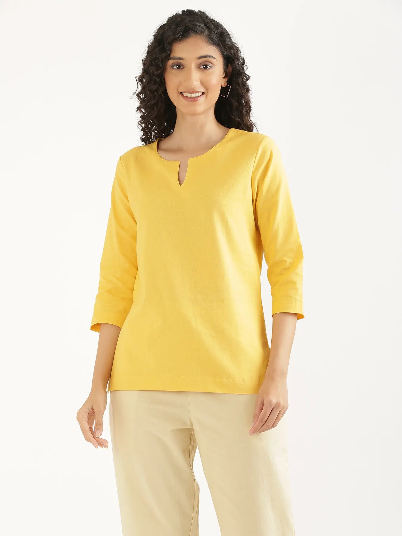 Women Yellow Airy Linen Split Neck Short Kurta