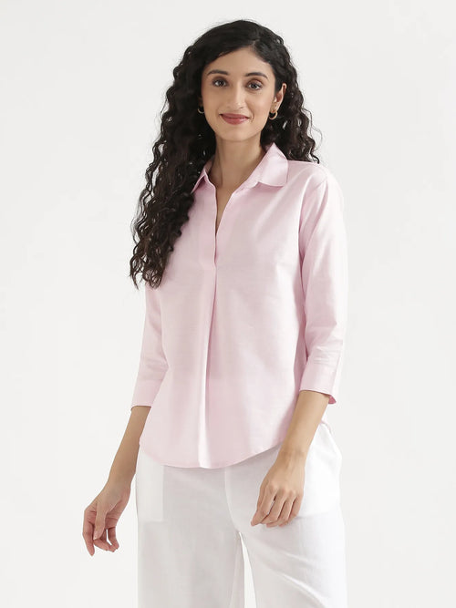 Women Blush Pink Linen Blend Pleated Top