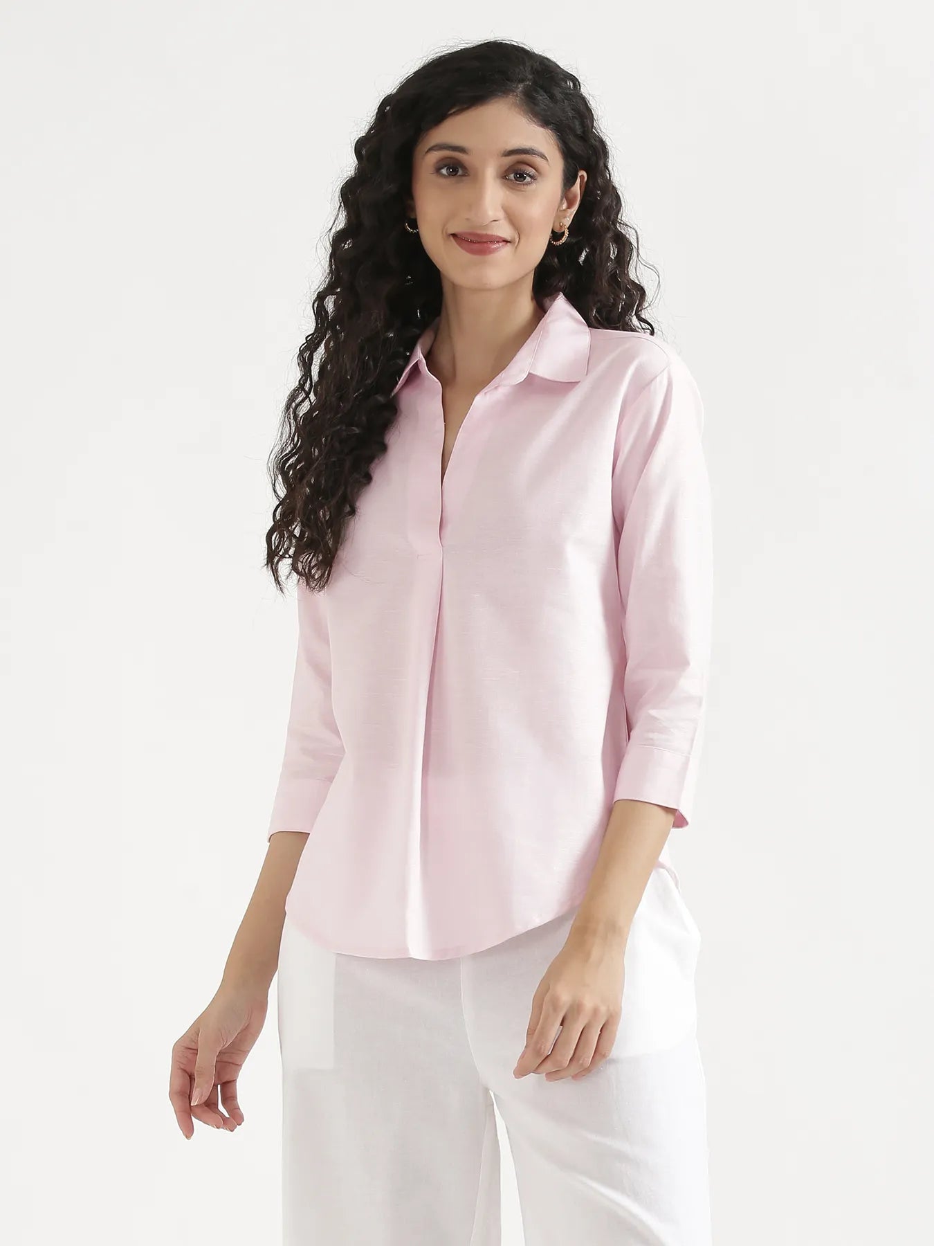 Women Blush Pink Linen Blend Pleated Top & White Airy Linen Wide Leg Pants Pant Set