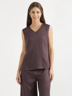 Women Brinjal V-Neck Sleeveless Top