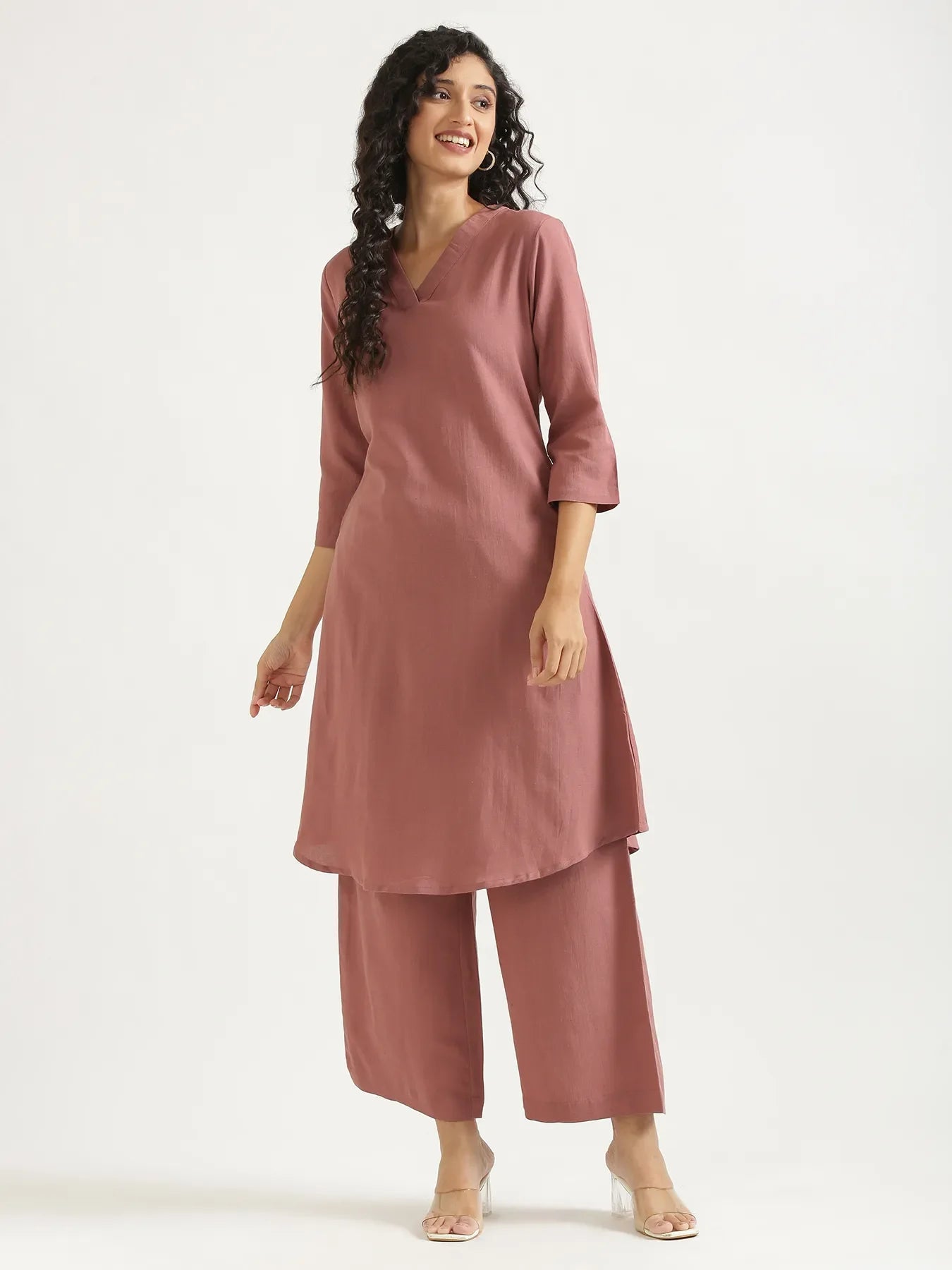 Women Rose Taupe Flowy Linen Kurta Set