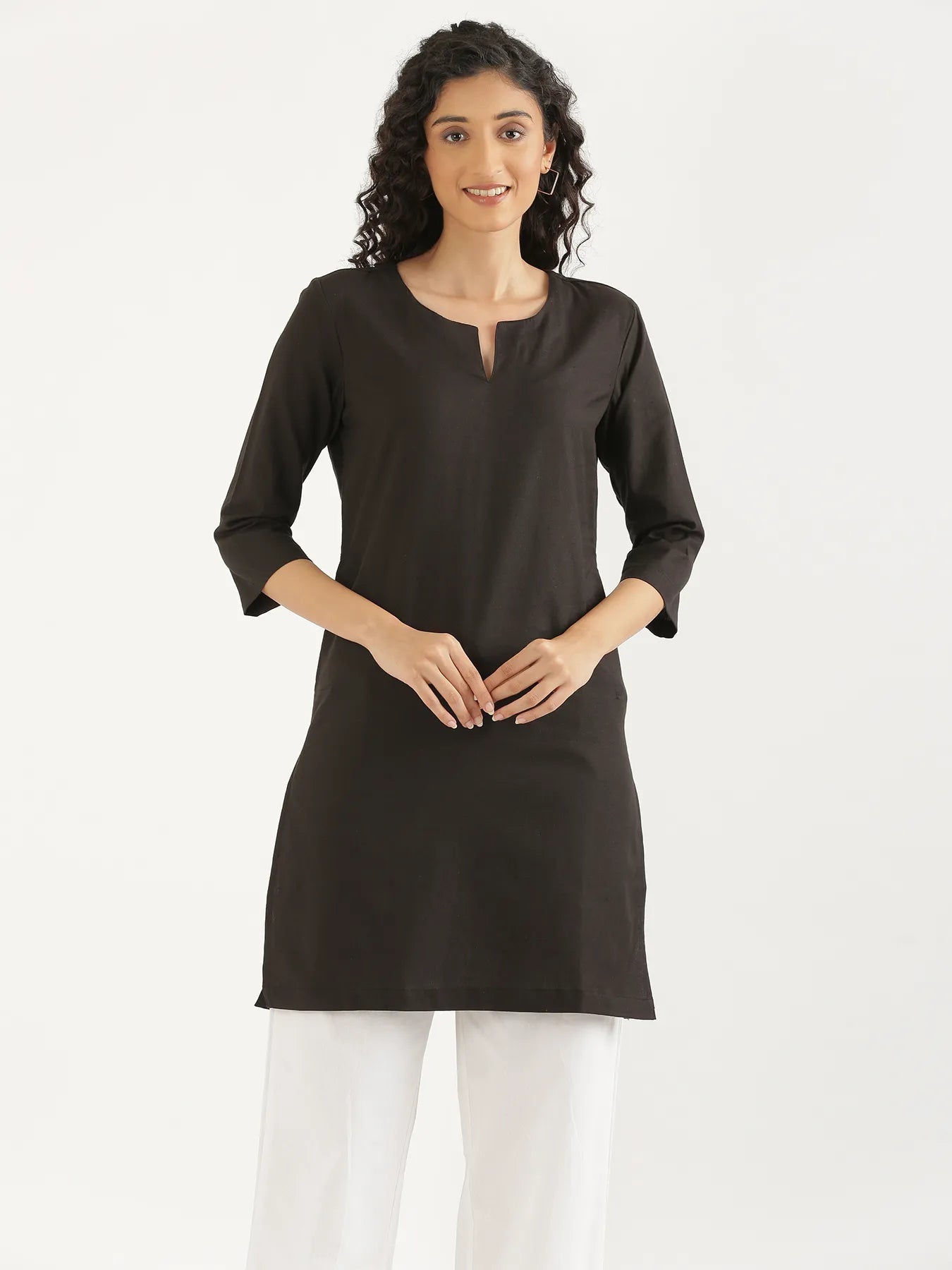 Women Black Airy Linen Mid Thigh Length Kurta